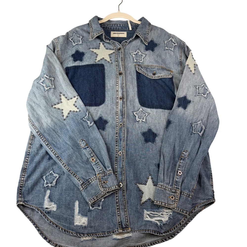 One Teaspoon NWT Star Studded Distressed Denim Shirt Jacket XL Festival Western